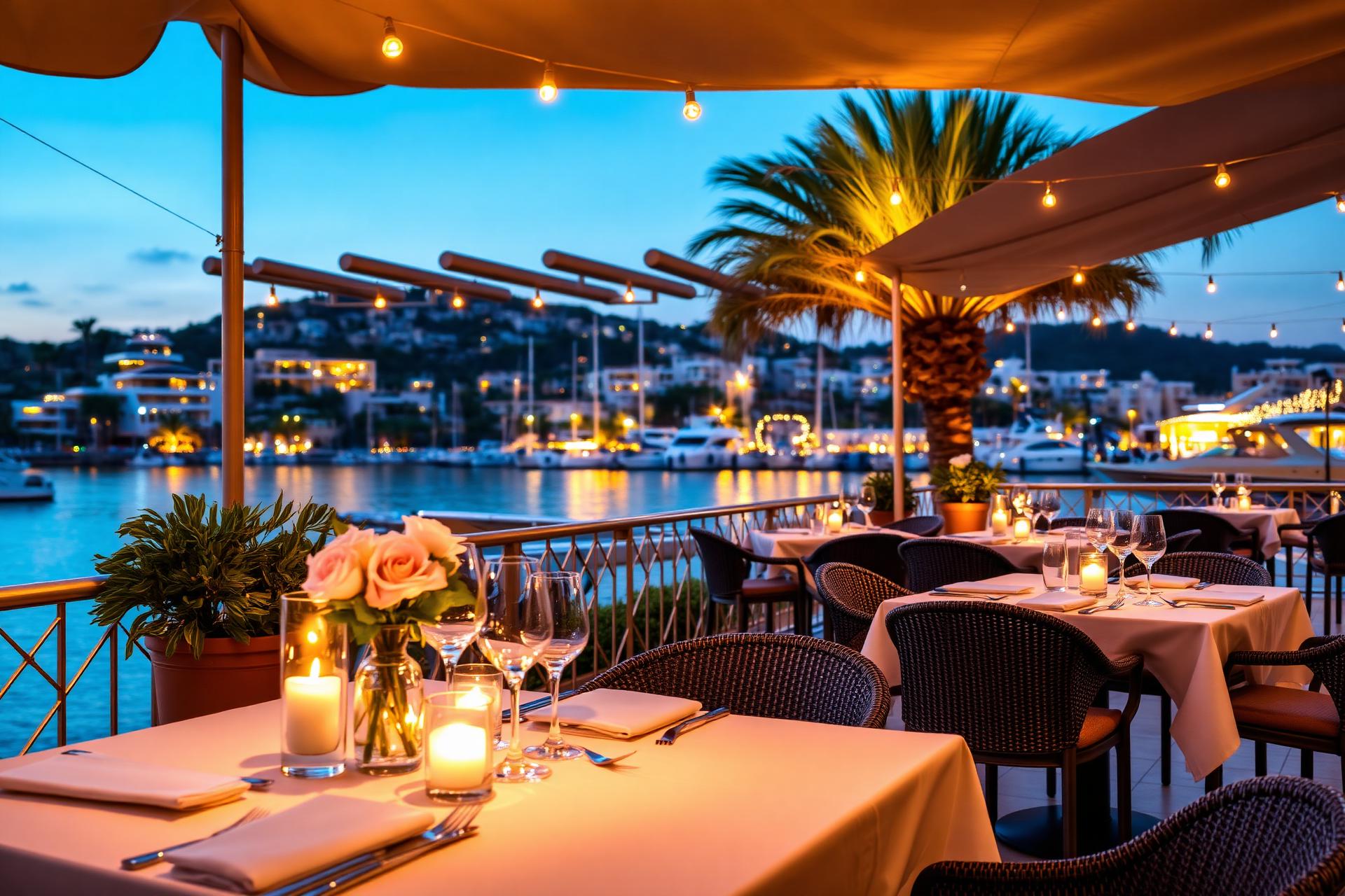 Golden hour terrace dining overlooking a Costa del Sol marina